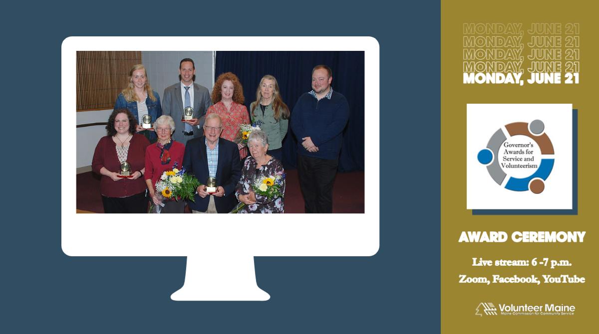 Decorative graphic featuring a photo of award winners posing with their awards inside a computer screen