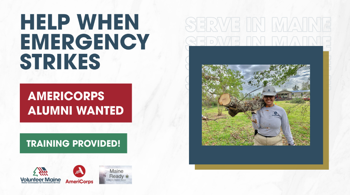 Decorative graphic featuring a photo of an individual holding a tree branch during disaster cleanup 