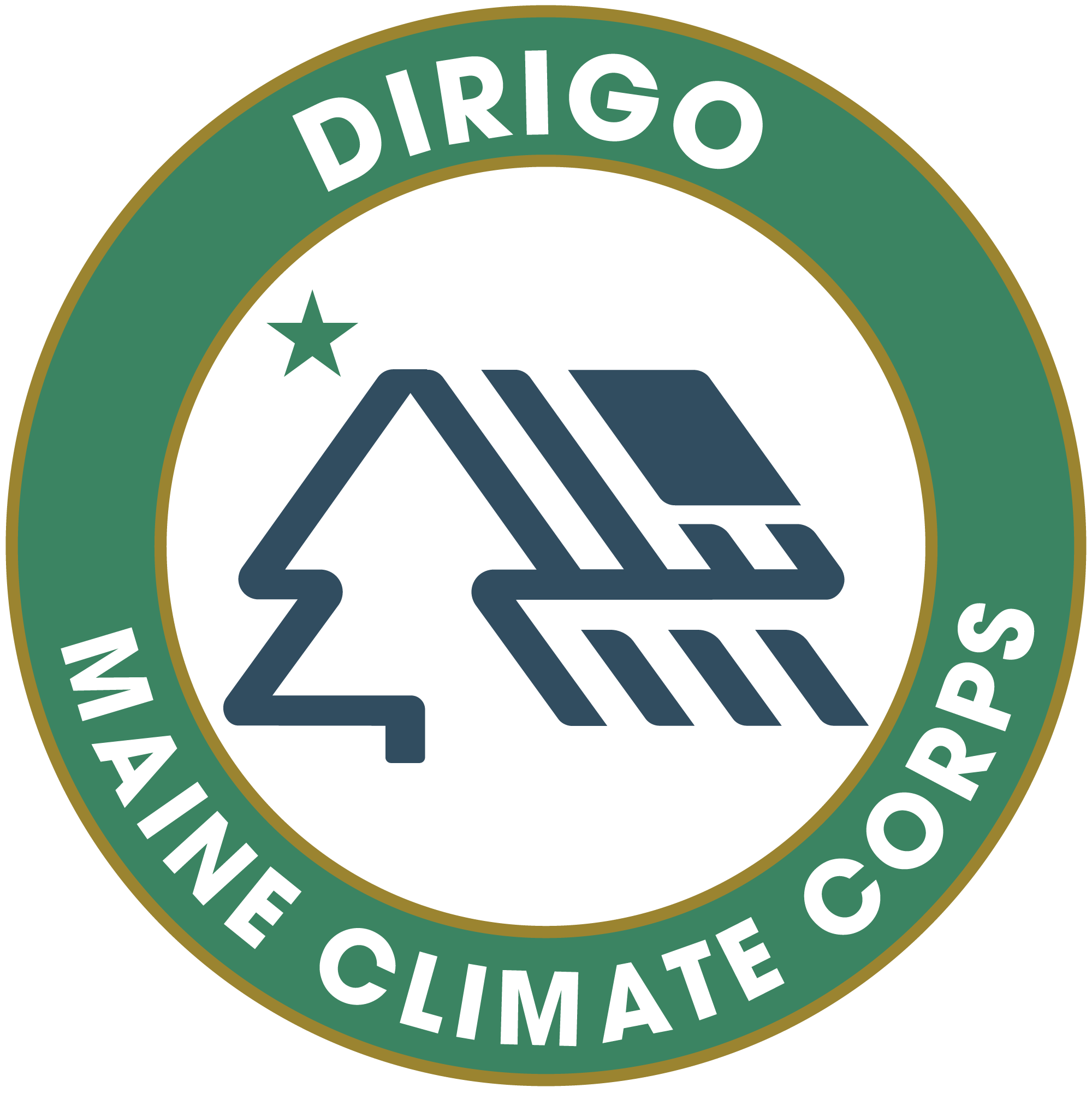 climate corps logo - green circle around pine tree and north star, words in circle are Dirigo and Maine Climate Corps