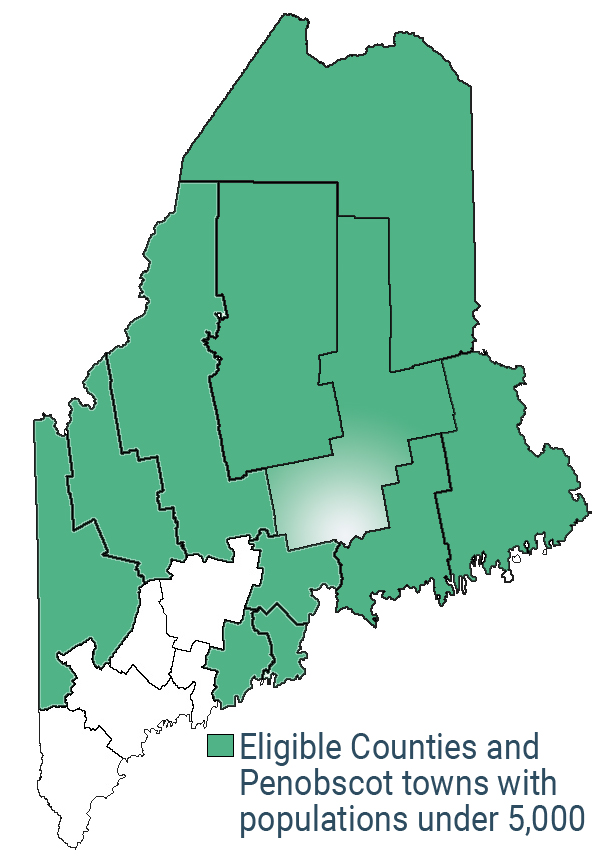 map of Maine with counties outlined and the MSF eligible counties are green