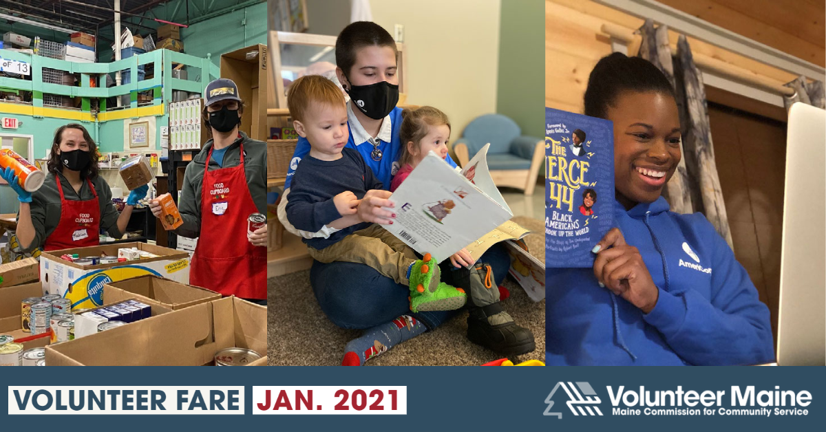 Decorative image with three photos: Left to right two people pack food in a warehouse, a teacher reads to two toddlers, and a teacher holds a book up to a screen