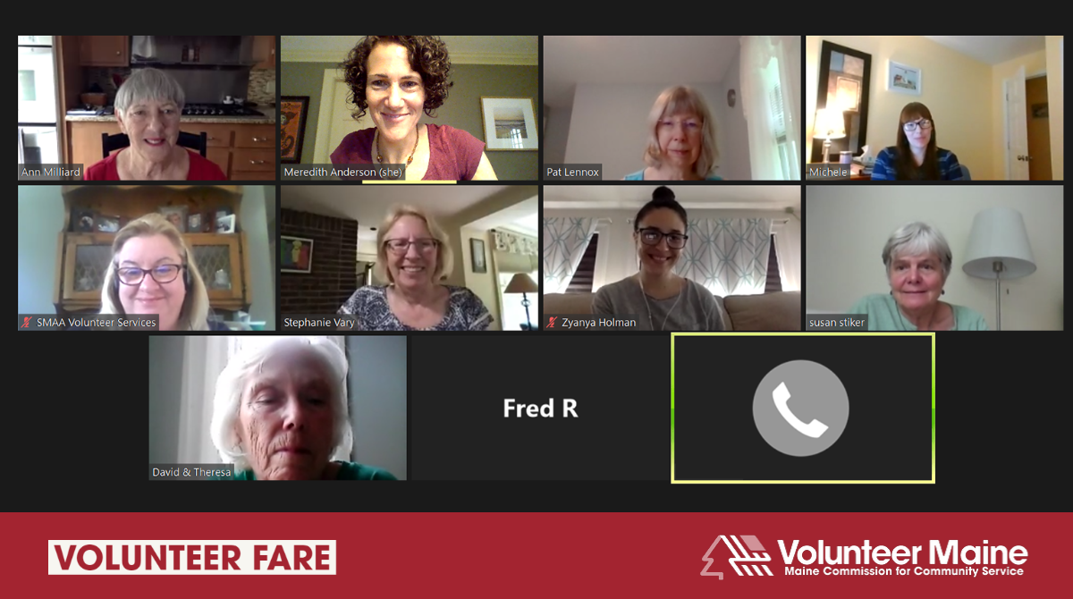Decorative graphic featuring a screenshot of nine individuals in a Zoom meeting