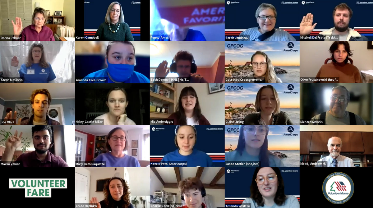 Decorative graphic featuring a screenshot of 23 individuals participating in an online meeting