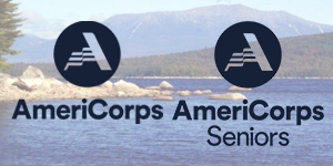 Photo of AmeriCorps and AmeriCorps Senior logos set on top of a photo of a lake and mountains