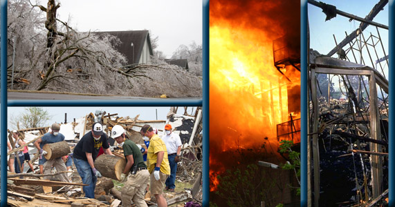 collage of ice storm with trees down on power lines, people sorting debris after tornado, and a house fire