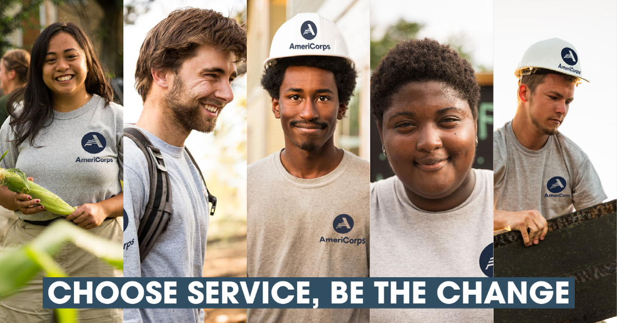 Collage of portraits of five AmeriCorps members